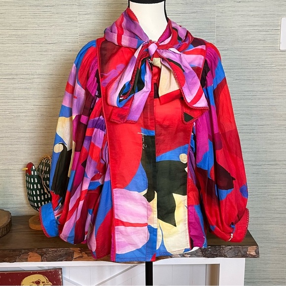 Farm Rio Watercolor Floral 3/4 Balloon Sleeve Blouse Button-Down Top Size Small - Picture 4 of 13